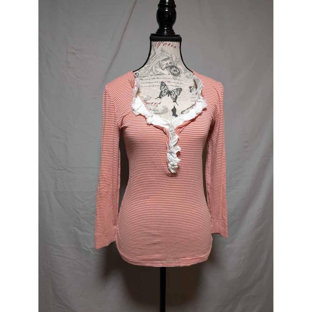 J Crew Peach White Striped Ruffle Button Front Cotton Henley Top Women's Small